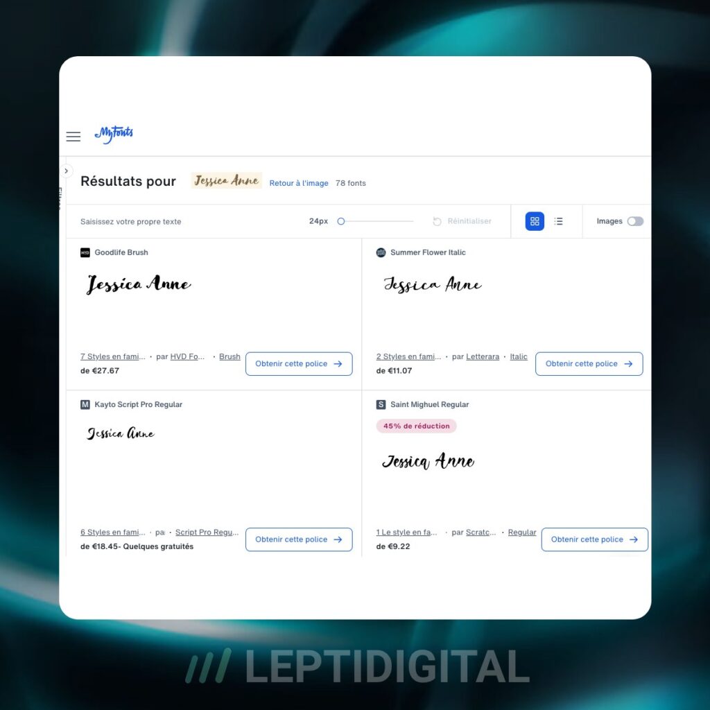Aperçu des résultats de recherche de WhatTheFont pour une police d'écriture visible sur une image récupérée sur internet