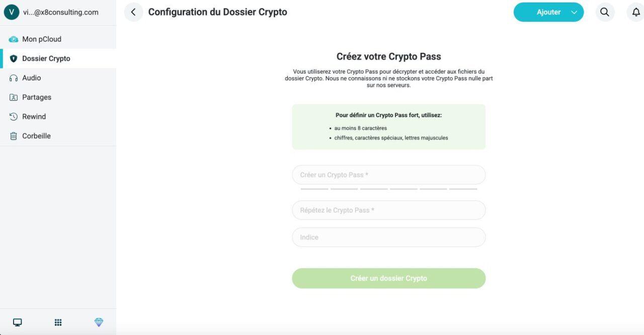 Aperçu de l'interface de protection par mot de passe de pCloud