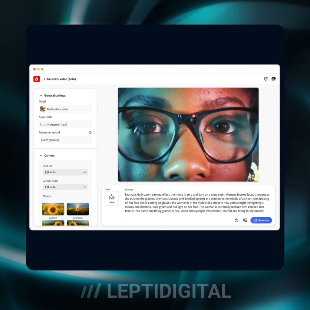 Aperçu de l'interface de génération de vidéos par IA d'Adobe Firefly