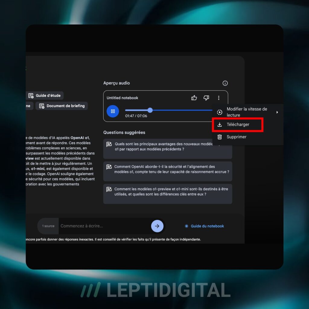 4- Vous pouvez télécharger l'audio généré par NotebookLM en un clic