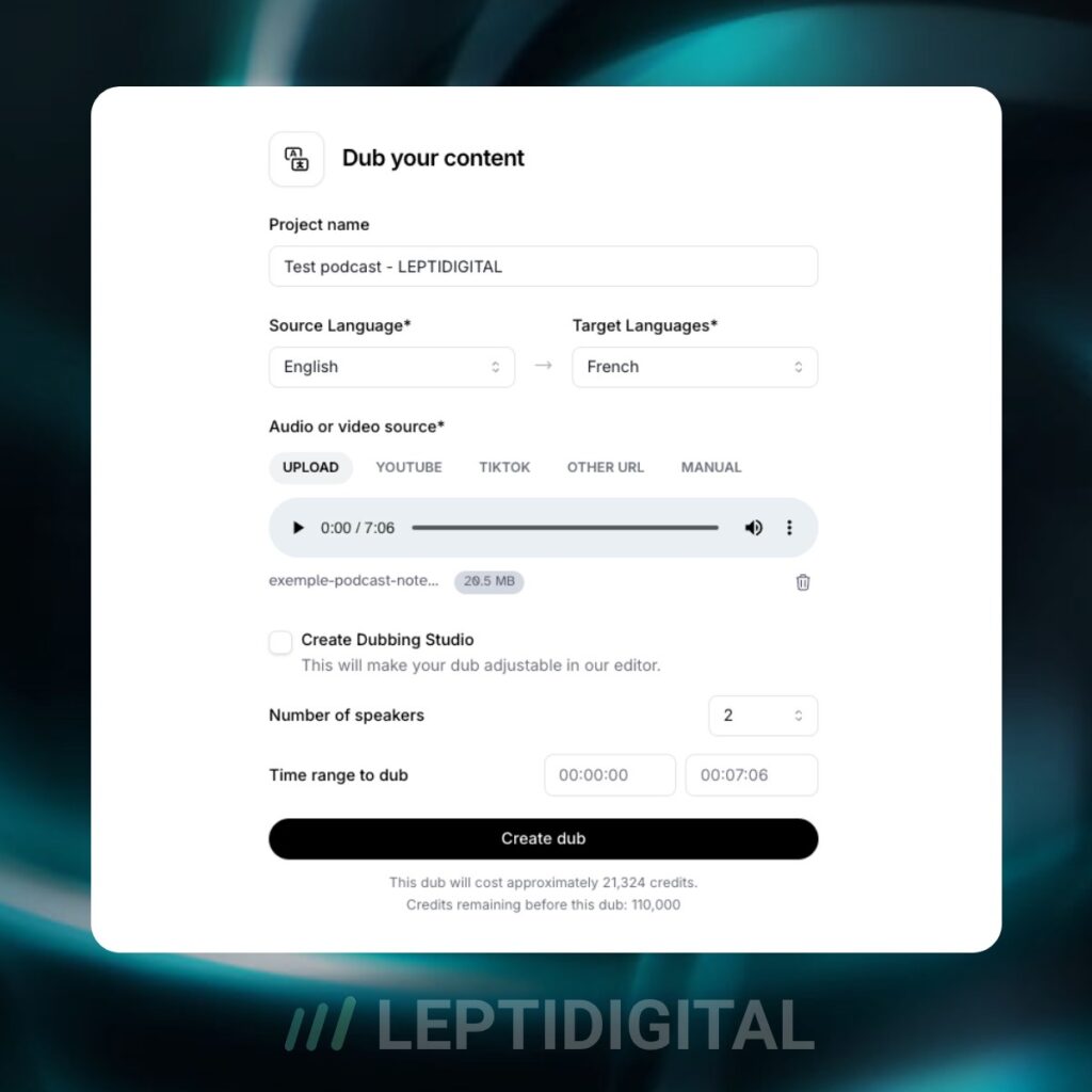 Aperçu de la fonctionnalité d'ElevenLabs qui permet de traduire une voix d'une langue à une autre grâce à l'IA