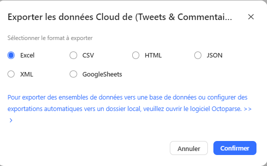 Aperçu de l'interface d'exportation de données