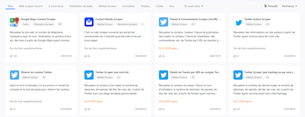 Aperçu de quelques scénarios de scraping pré-construits pour Twiiter / X via Octoparse