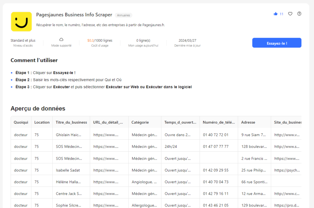 Aperçu du module d'Octoparse pour extraire des données depuis le site des Pages Jaunes