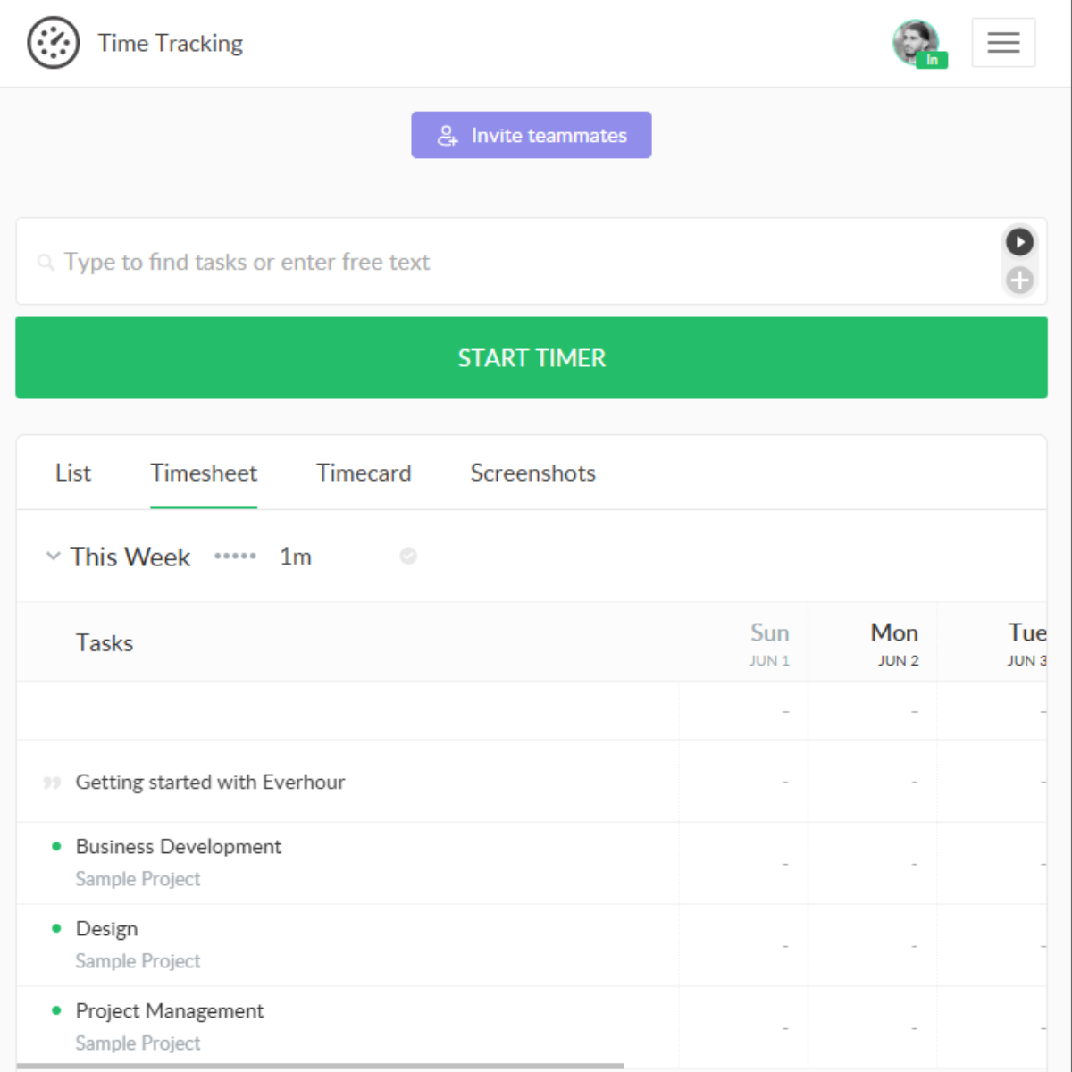 time tracking interface