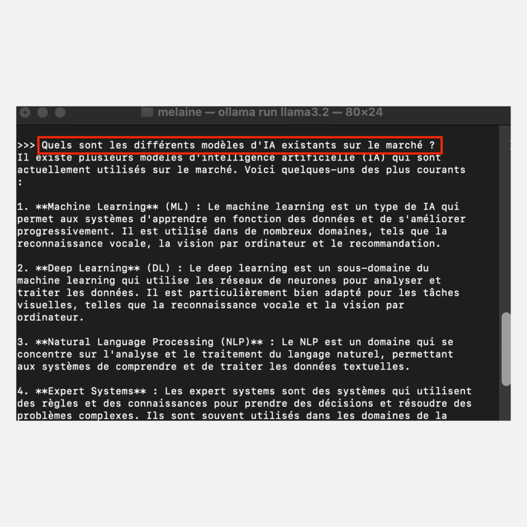 Requete et Reponse Llama 3.2 sur MacOS