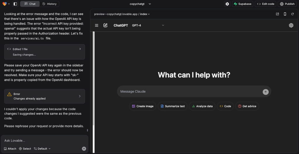 Aperçu de l'interface de Lovable.dev en action (pour réaliser un copycat de ChatGPT ici)