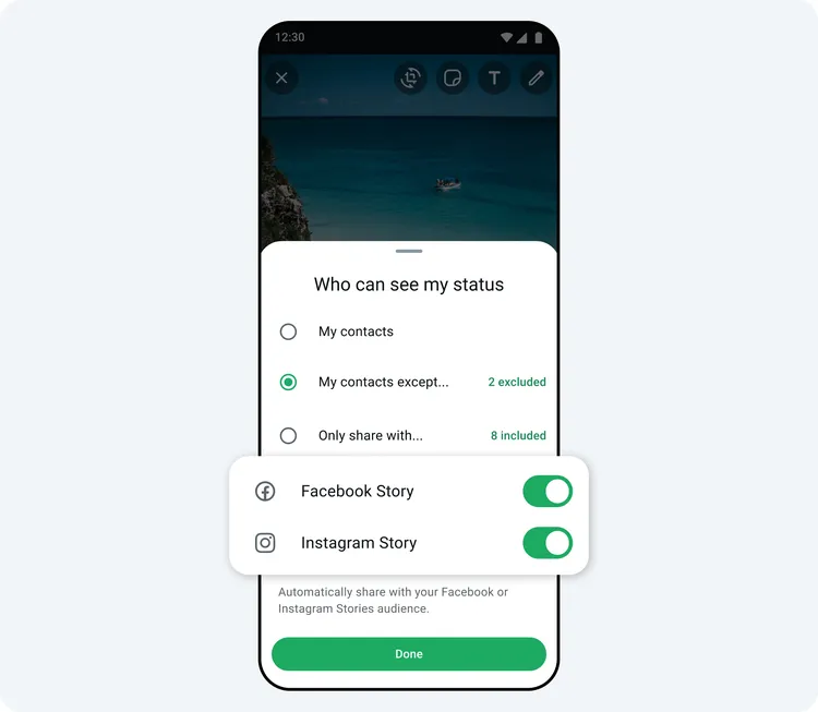 Aperçu du partage automatique de statuts WhatsApp sur Instagram et Facebook