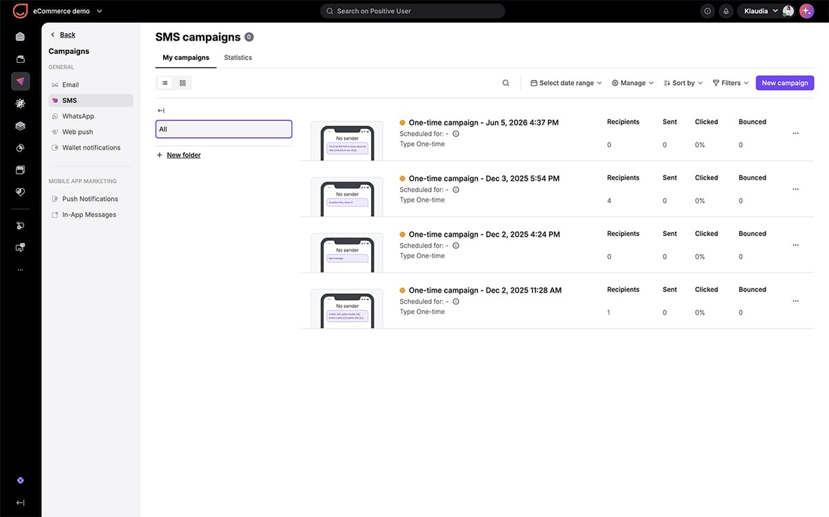 Aperçu des campagnes SMS programmées sur un compte Positive User