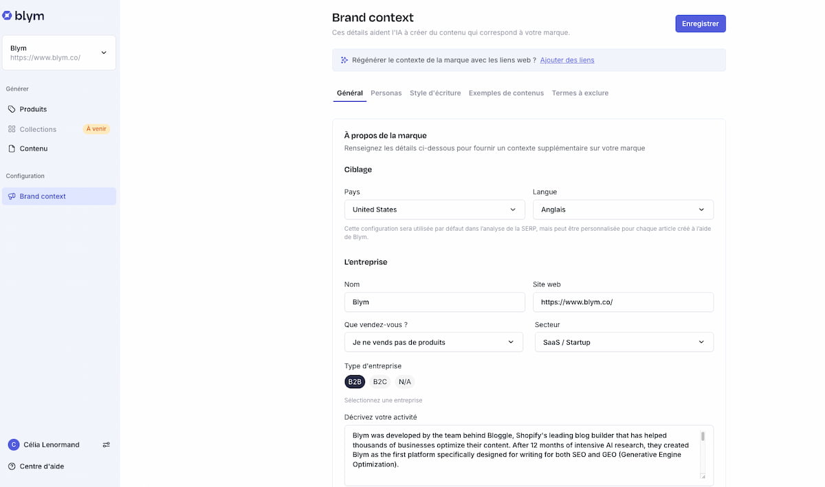 Aperçu de l'interface de Blym AI