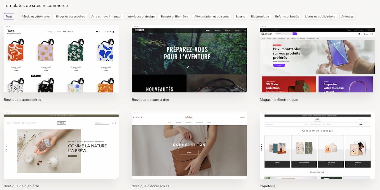 Aperçu des templates proposés par Wix eCommerce 