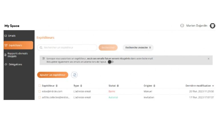 Aperçu Mailinblack - Gestion Expediteurs