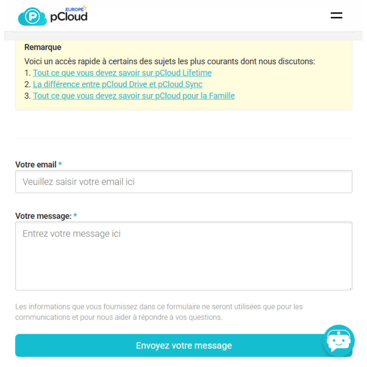 formulaire aide pcloud