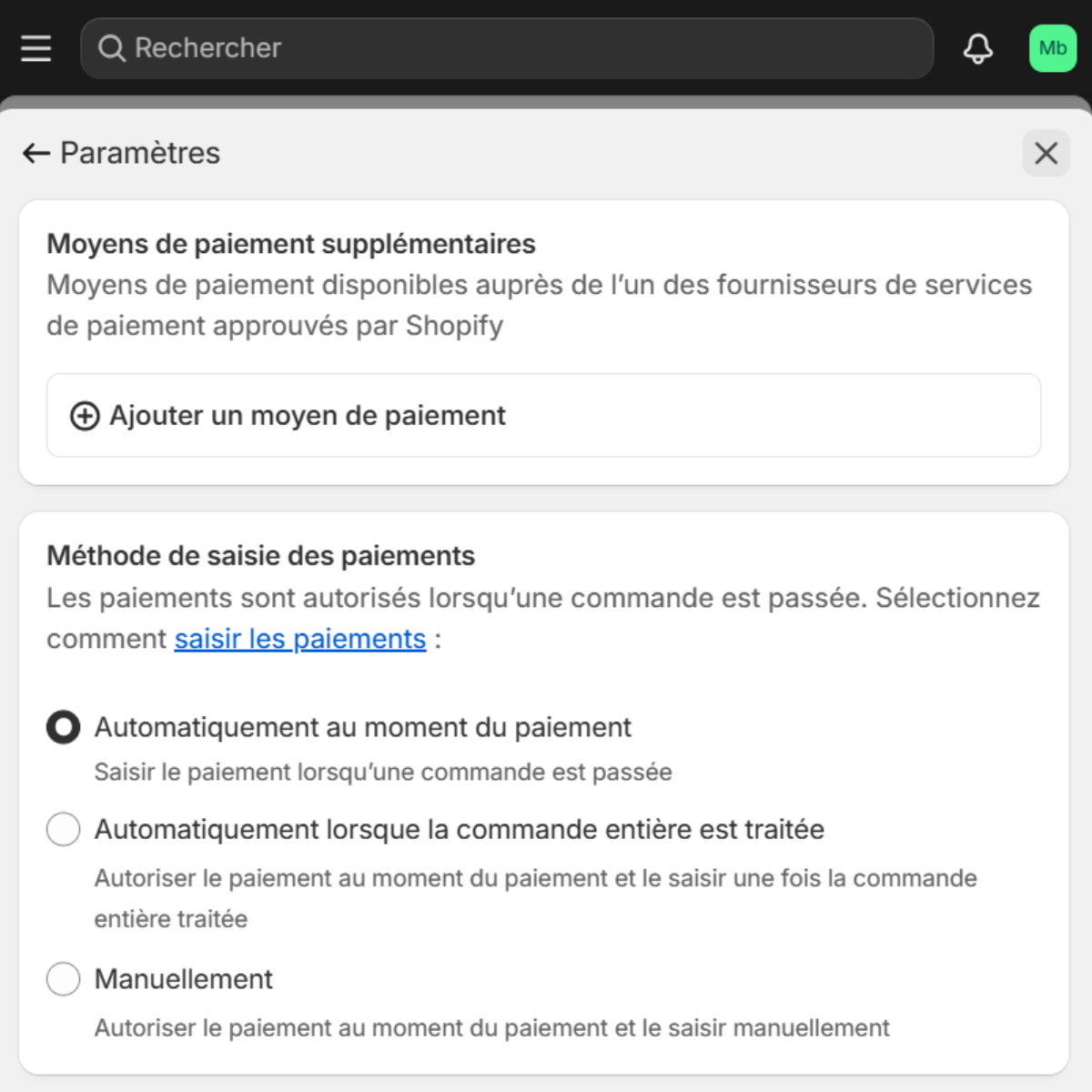 interface gestion paiements shopify