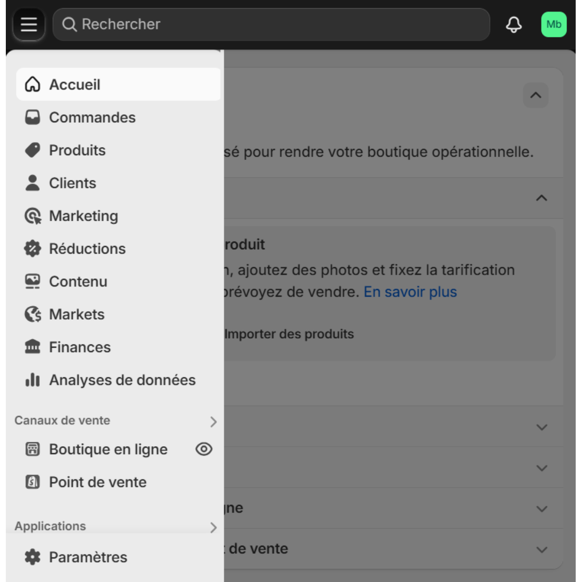 interface shopify menu