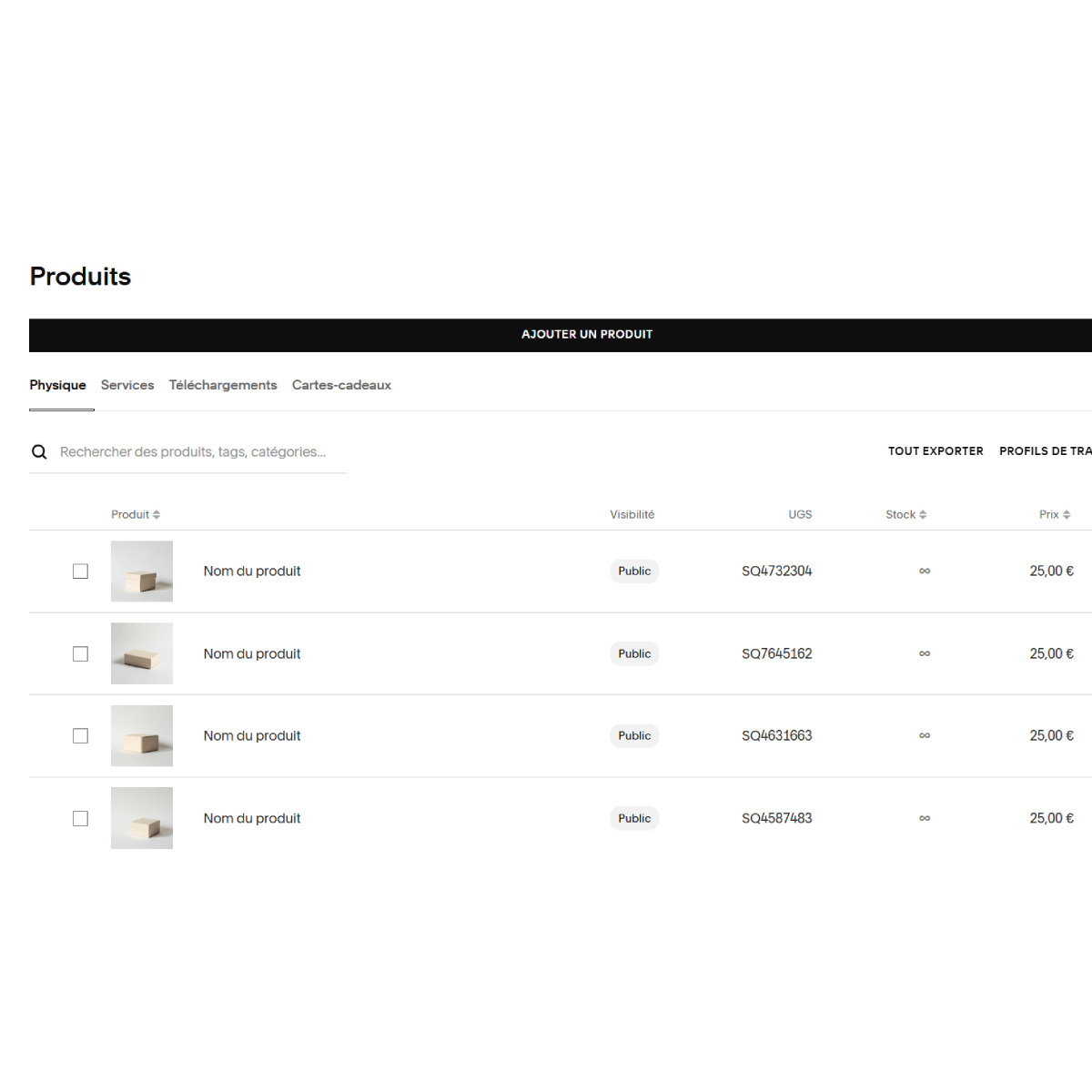 section produits squarespace