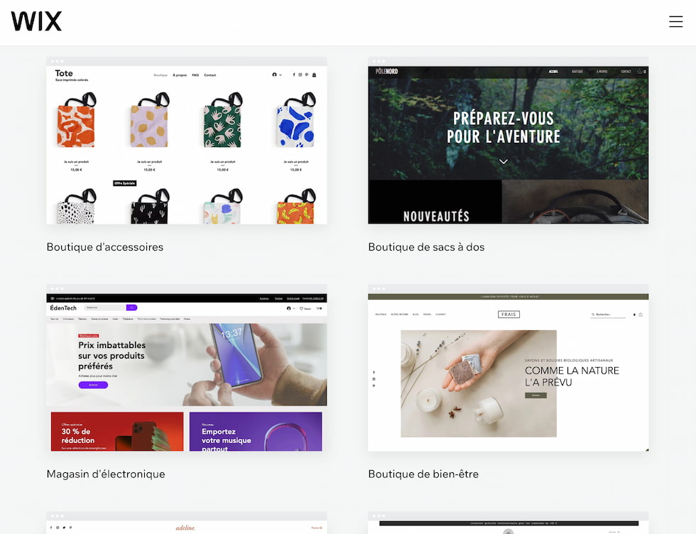 Aperçu des templates e-commerce de Wix