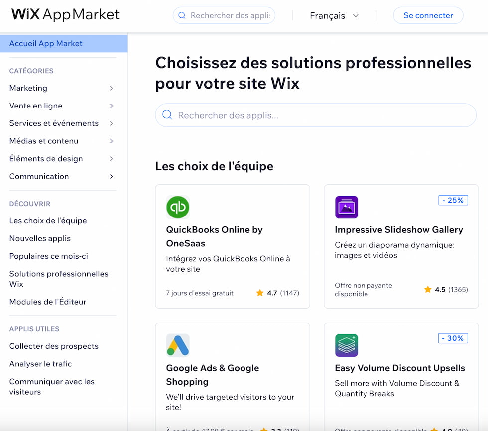 Aperçu du Wix App Market