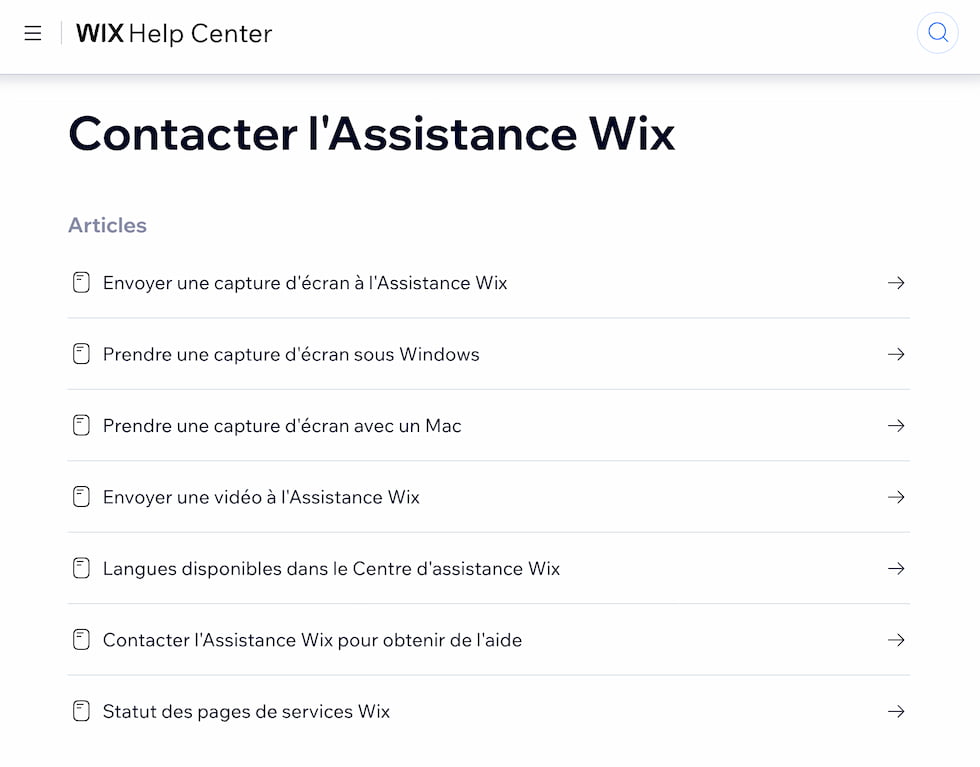 Aperçu des options disponibles pour contacter le service client de Wix