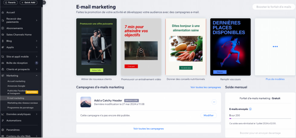 Aperçu de l'interface permettant de gérer des campagnes email marketing depuis Wix