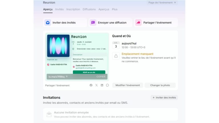 Aperçu de l’interface de Luma : un logiciel d’organisation de webinars en ligne