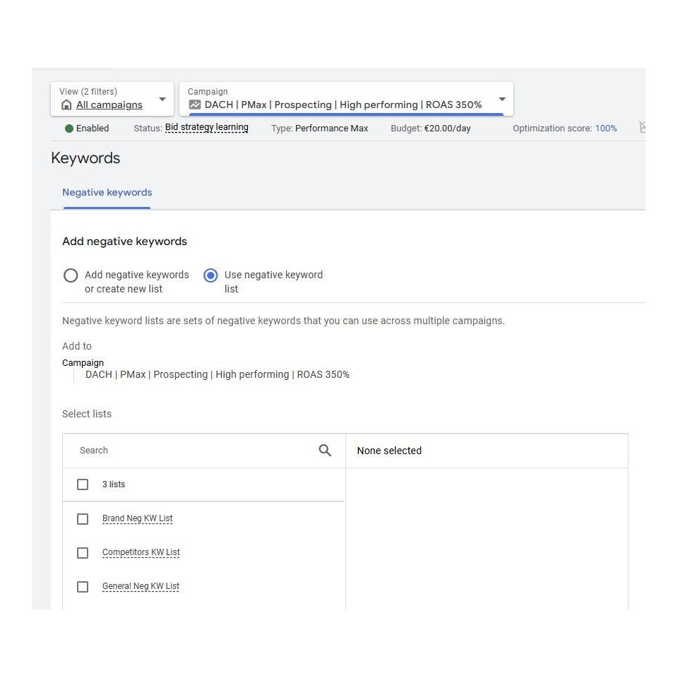 Aperçu option negative keywords dans Pmax