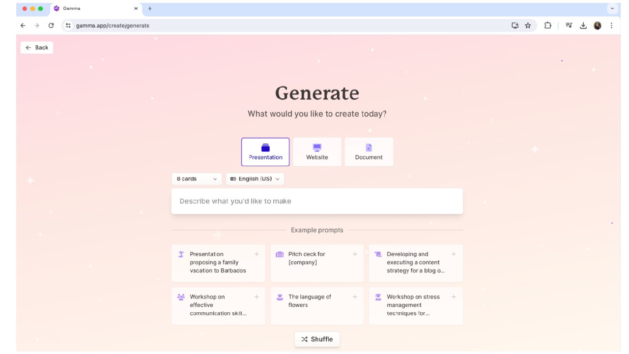 Aperçu de l’interface de Gamma : un logiciel de création de présentations par IA