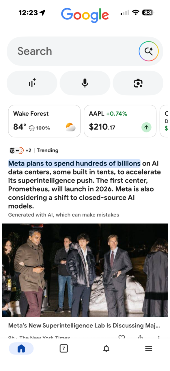 Exemple de résumé IA d'un article référencé dans le flux Google Discover aux Etats-Unis (Source : TechCrunch)