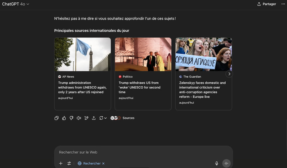 ChatGPT affiche de nouvelles tuiles redirigeant directement vers les sites web listés