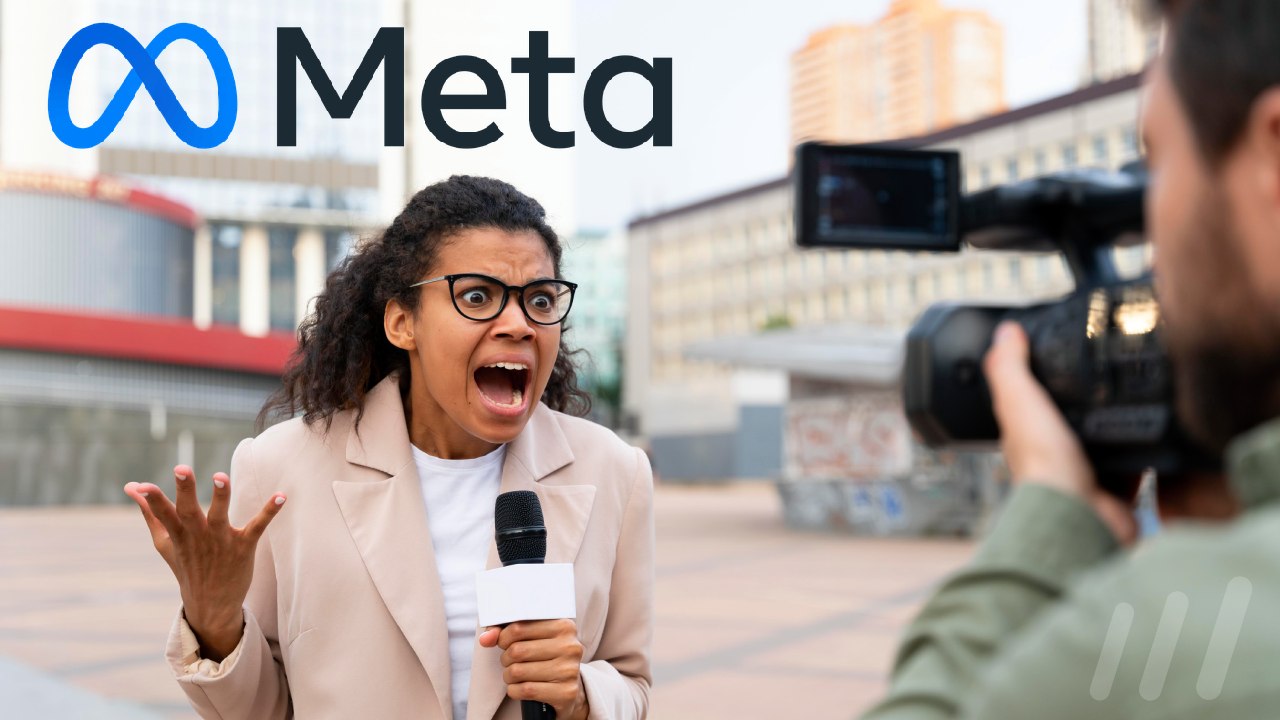 Une journaliste enthousiaste qui annonce une nouvelle - logo Meta au coin