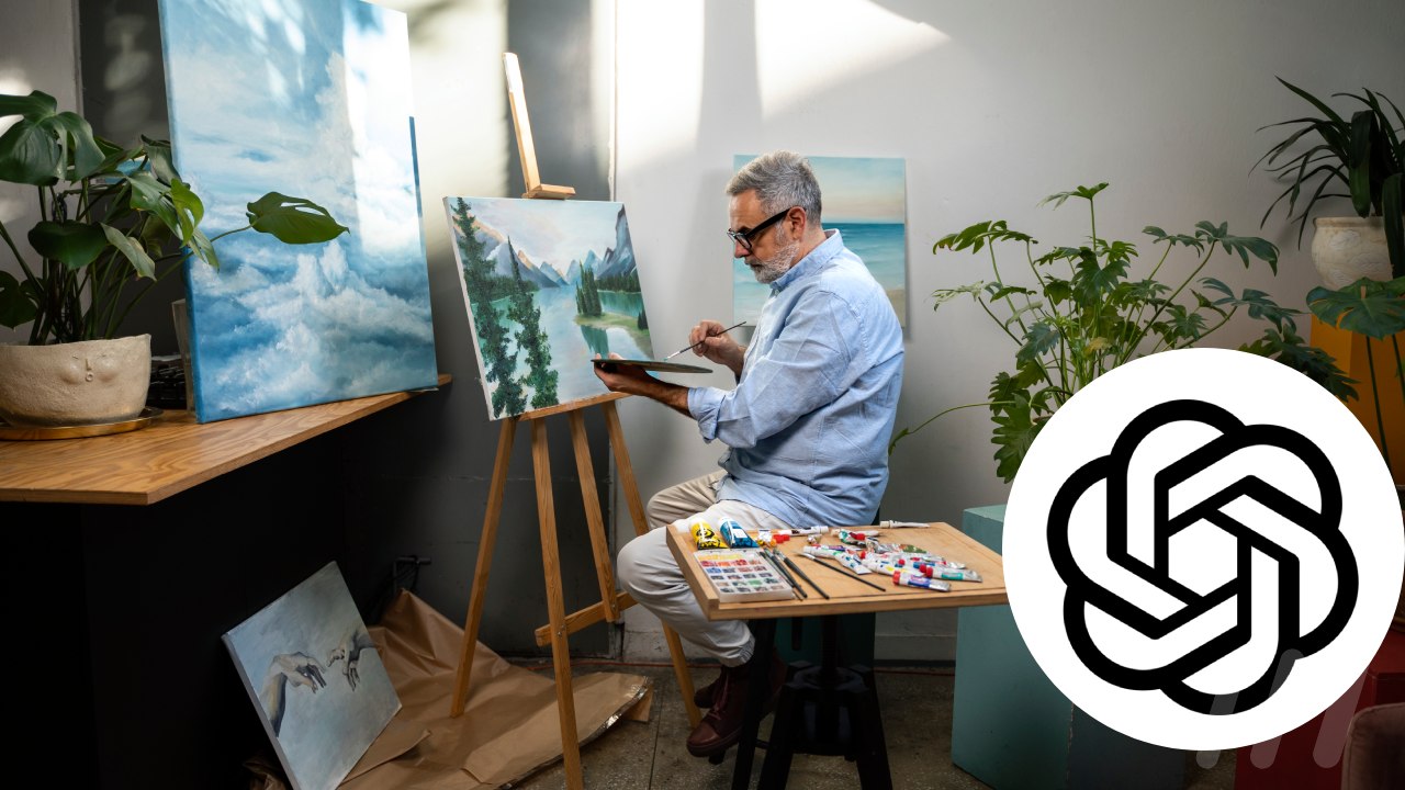 Une personne qui peint des tableaux avec le logo d'open AI au coin