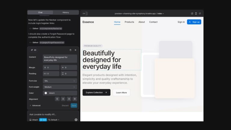 Aperçu de l’interface de Lovable.dev : un générateur de logiciels full-stack par IA (nocode)