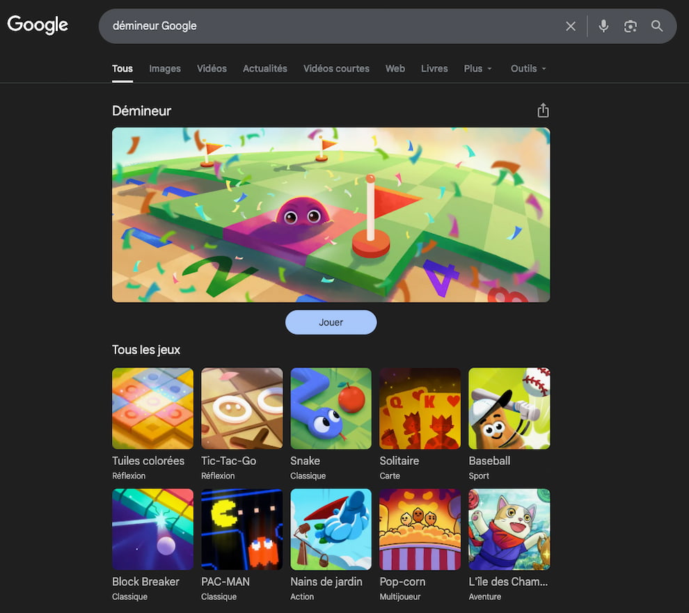 Aperçu du jeu de démineur sur Google