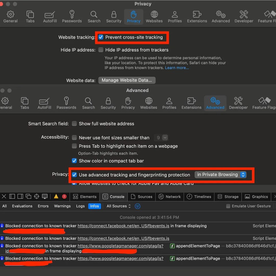 Capture de la console Safari affichant un message de blocage d’un tracker connu par l’ATFP