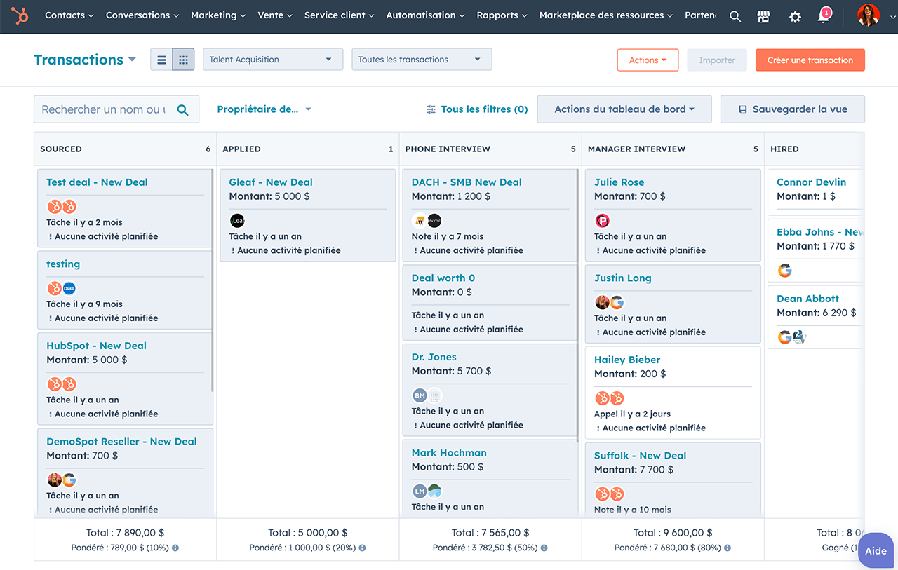 Aperçu d'un pipeline de vente sur HubSpot CRM