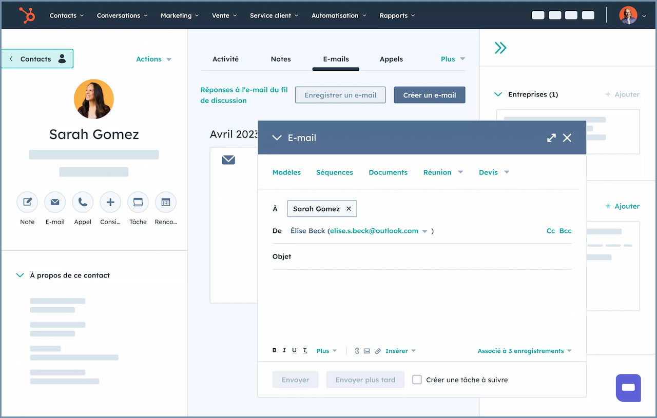 Aperçu d'une fiche contact dans Hubspot
