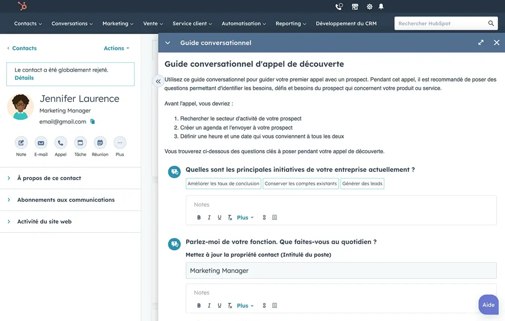 Aperçu d'un guide conversationnel destiné aux équipes de vente dans HubSpot (sales playbook)