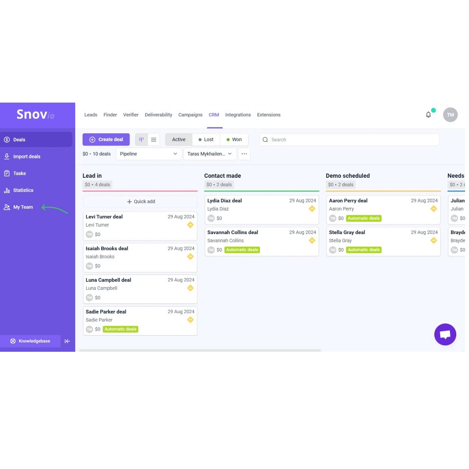 Aperçu de l'interface snov.io