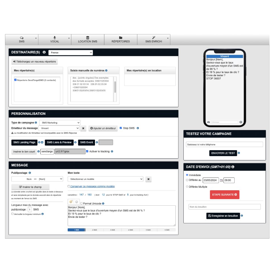 SendtargetSMS - Aperçu interface