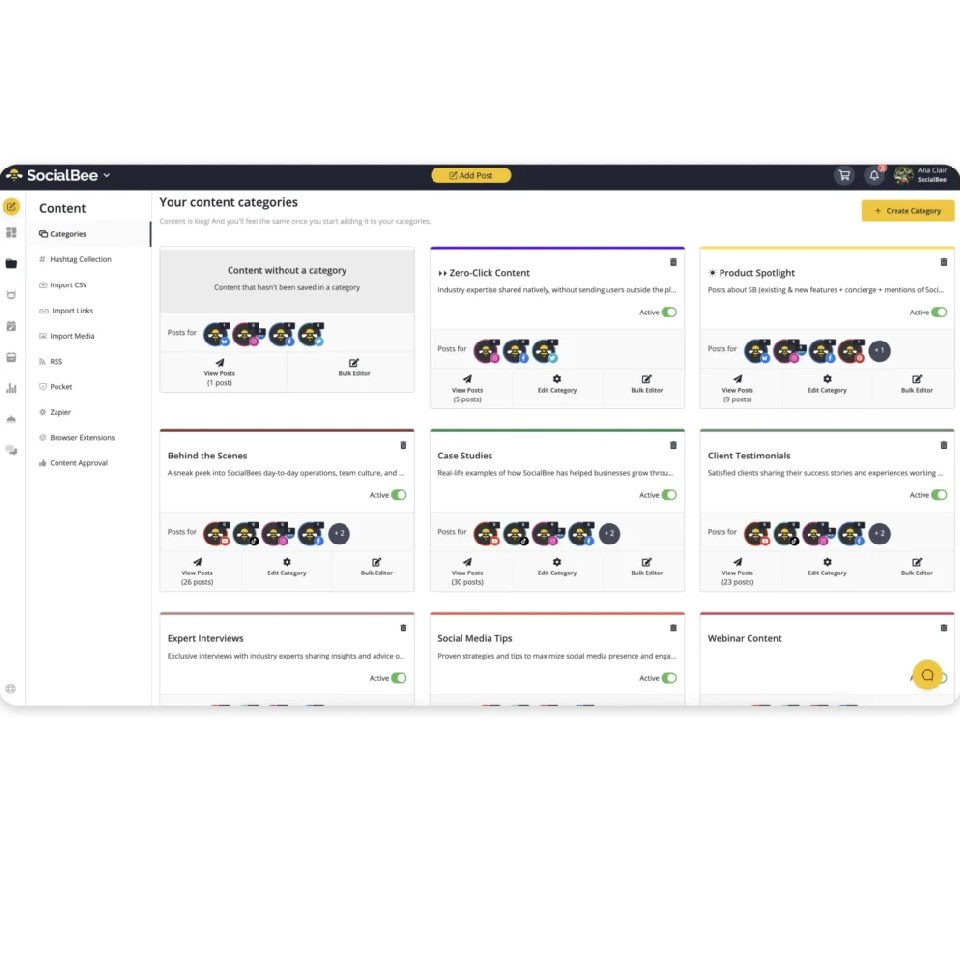 SocialBee - Aperçu de l'interface