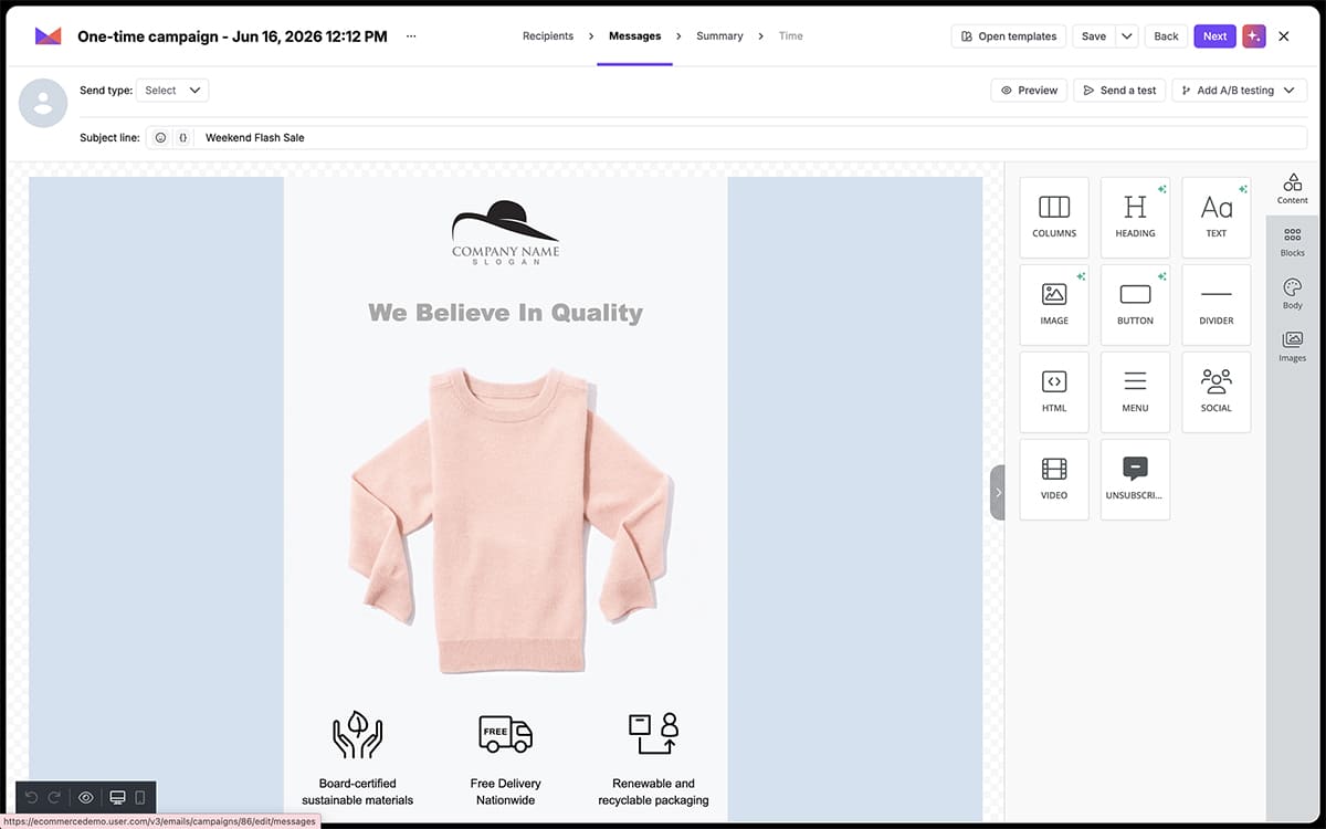 Aperçu du Builder Drag and Drop pour créer une campagne email dans Positive User
