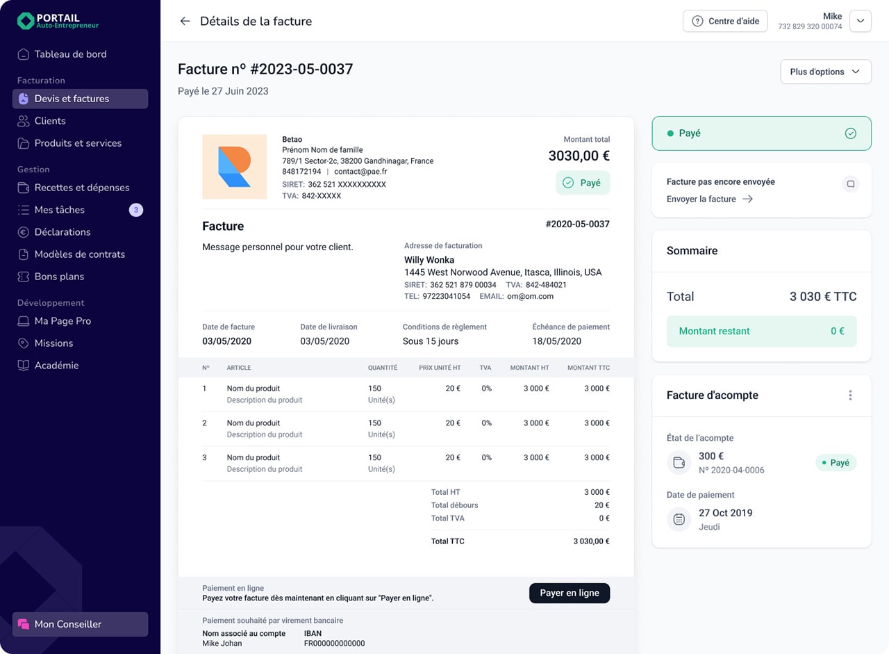 Interface Portail Auto Entrepreneur