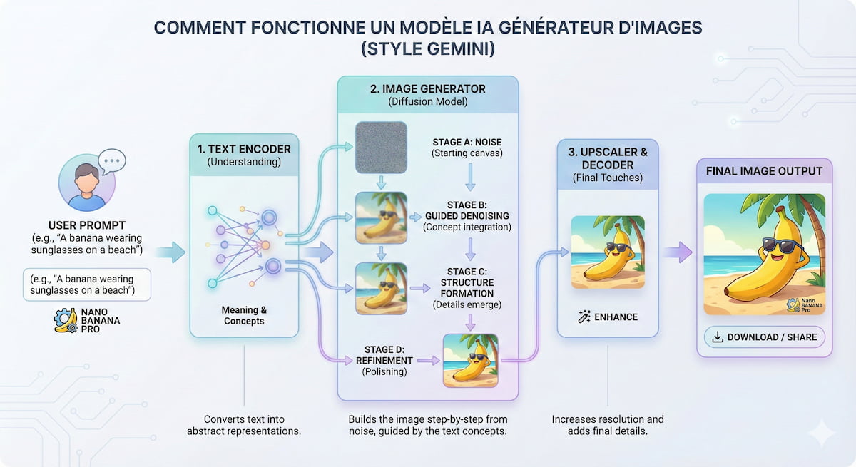 Exemple d'infographie réalisée par Nano Banana pro avec ce prompt simple et non détaillé : "Créer une infographie simple à comprendre dans le style graphique de Google Gemini pour expliquer le fonctionnement d'un modèle IA qui génère des images par intelligence artificielle (comme Nano Banana Pro par exemple)."