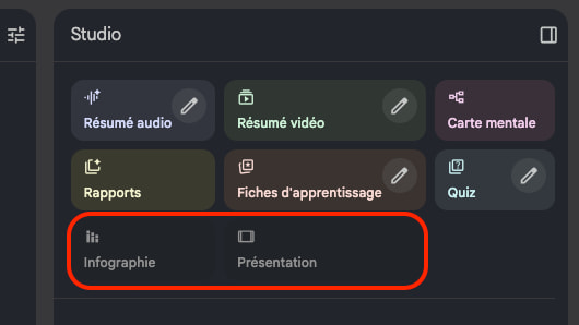 NotebookLM - Options pour créer des infographies et présentations