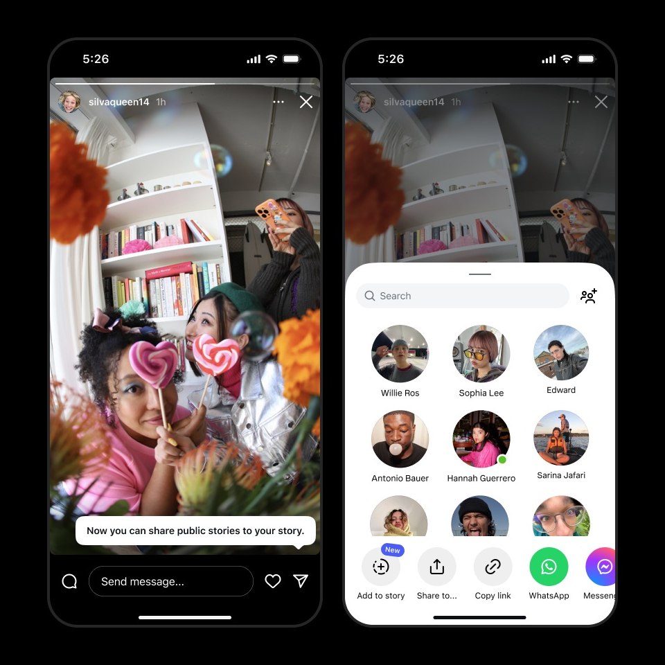 Aperçu de l'option partager des stories publics sur INSTAGRAM