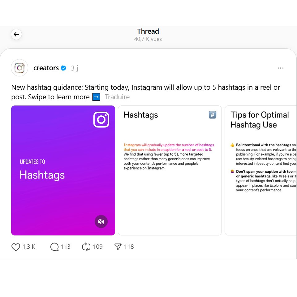 Aperçu publication de creators dans Threads sur la limite des hastags sur Instagram