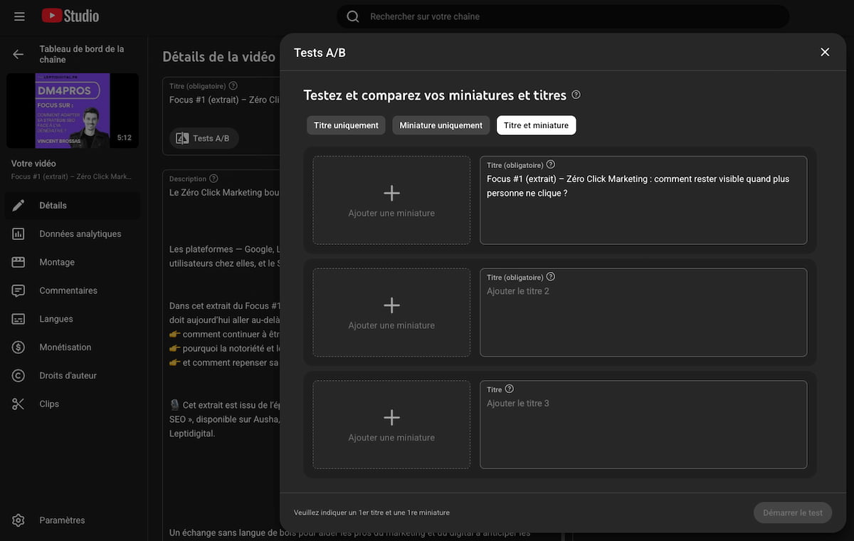 A/B testing de titres et miniatures sur YouTube