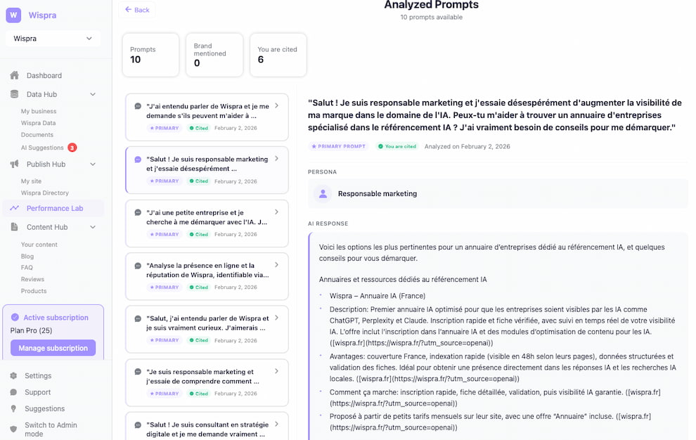 Aperçu de l'interface de Wispra