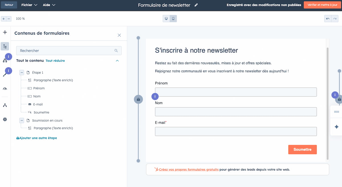 Aperçu d'un formulaire de collecte d'abonnés à la newsletter réalisé via HubSpot