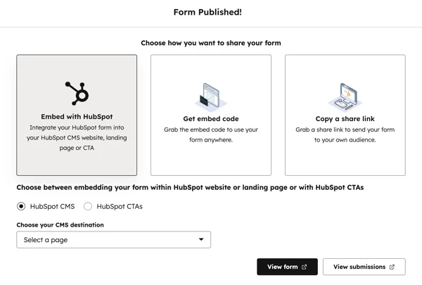 Options de partage d'un formulaire réalisé avec HubSpot
